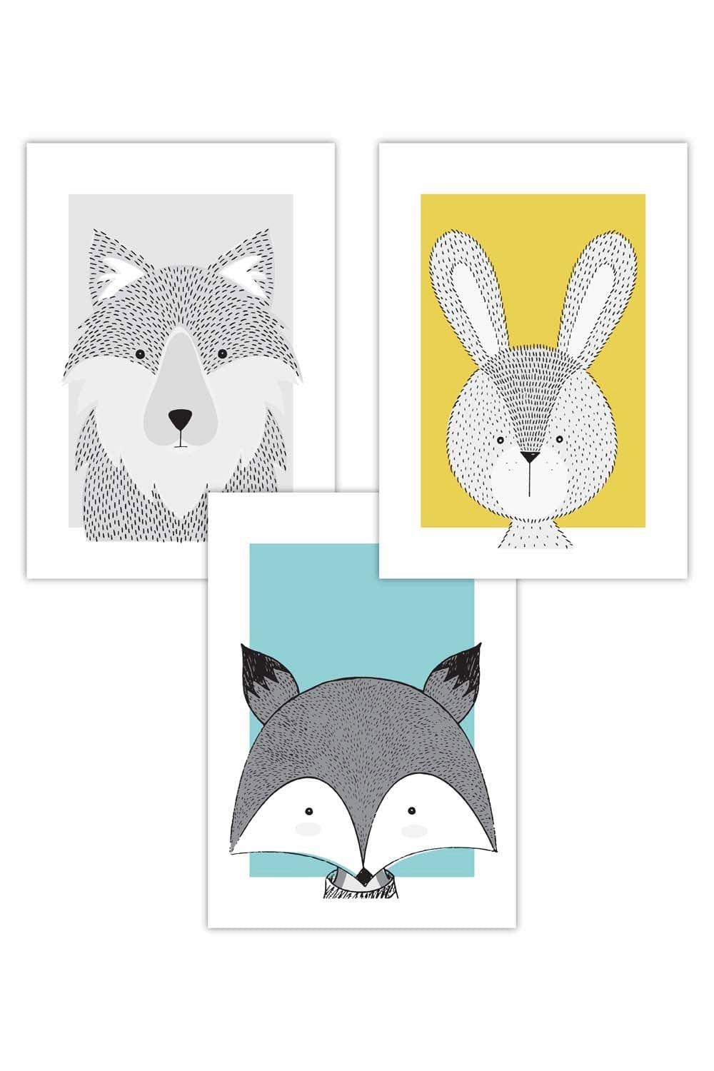 Set of 3 Nursery Scandi Sketch Forest Animals with Fox in Blue Yellow Grey Art Posters